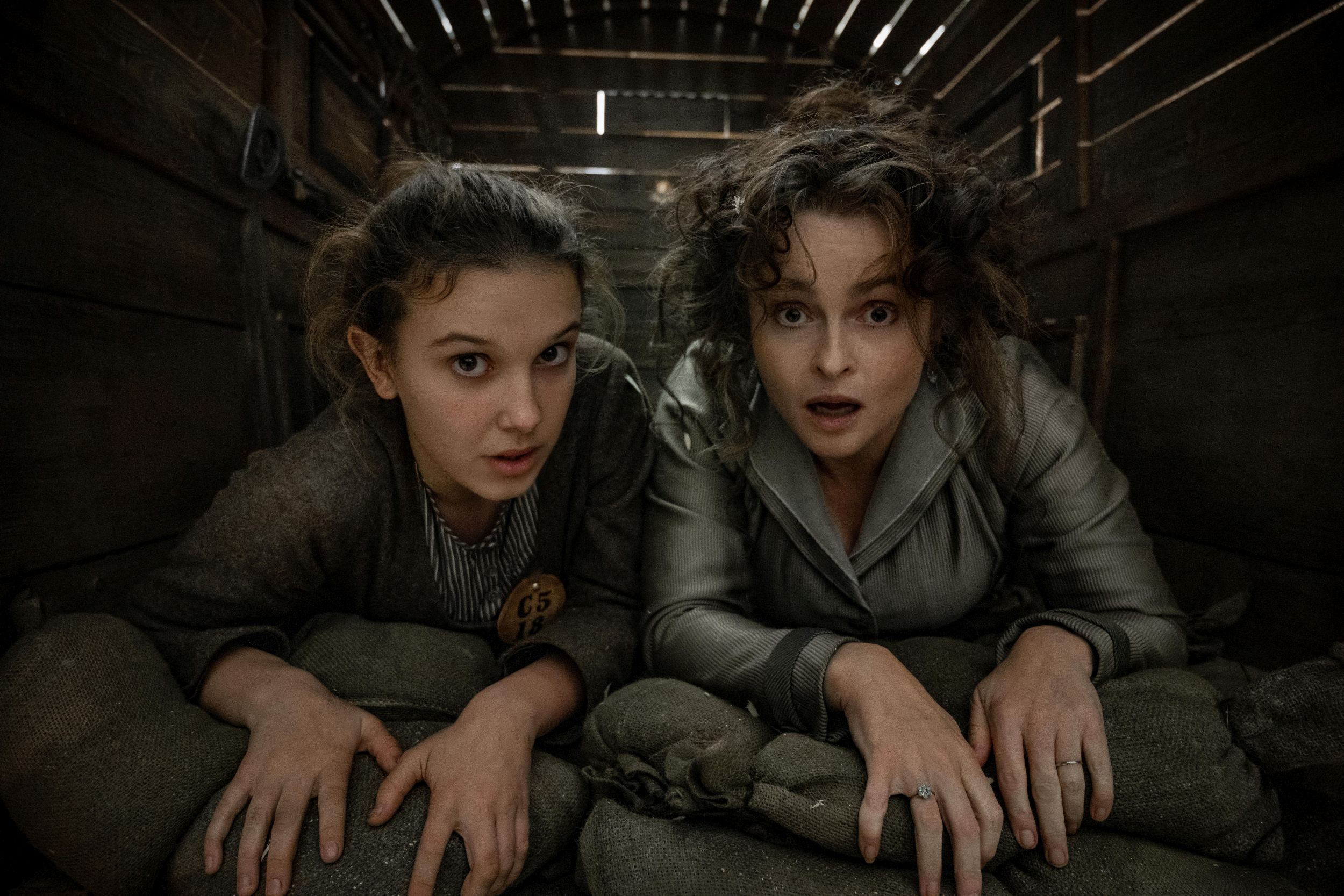 Millie Bobby Brown as Enola Holmes, Helena Bonham Carter as Eudoria Holme in Enola Holmes 2