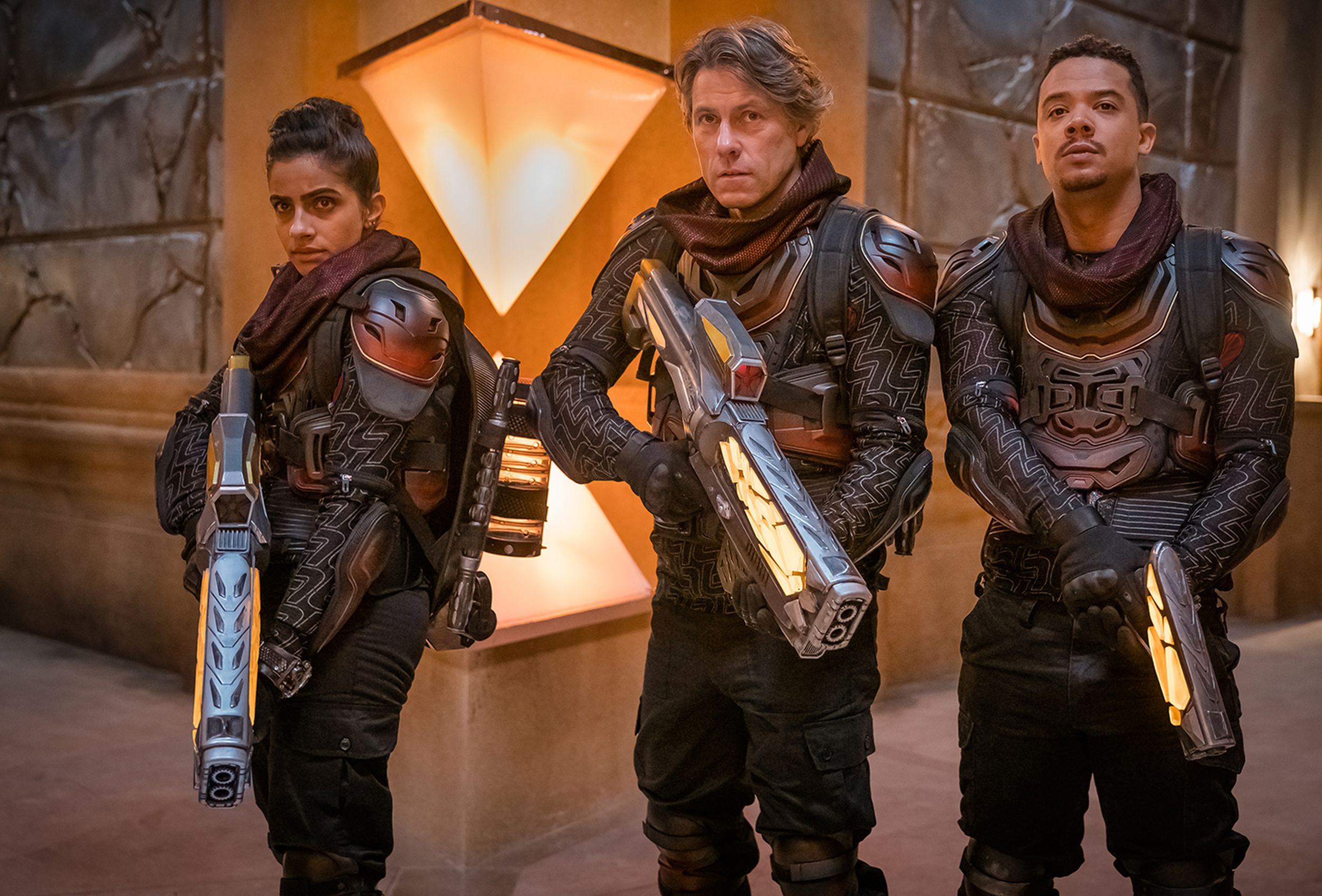 Yasmin Khan (MANDIP GILL), Dan (John Bishop) and Vinder (Jacob Anderson)  in Doctor Who: Flux