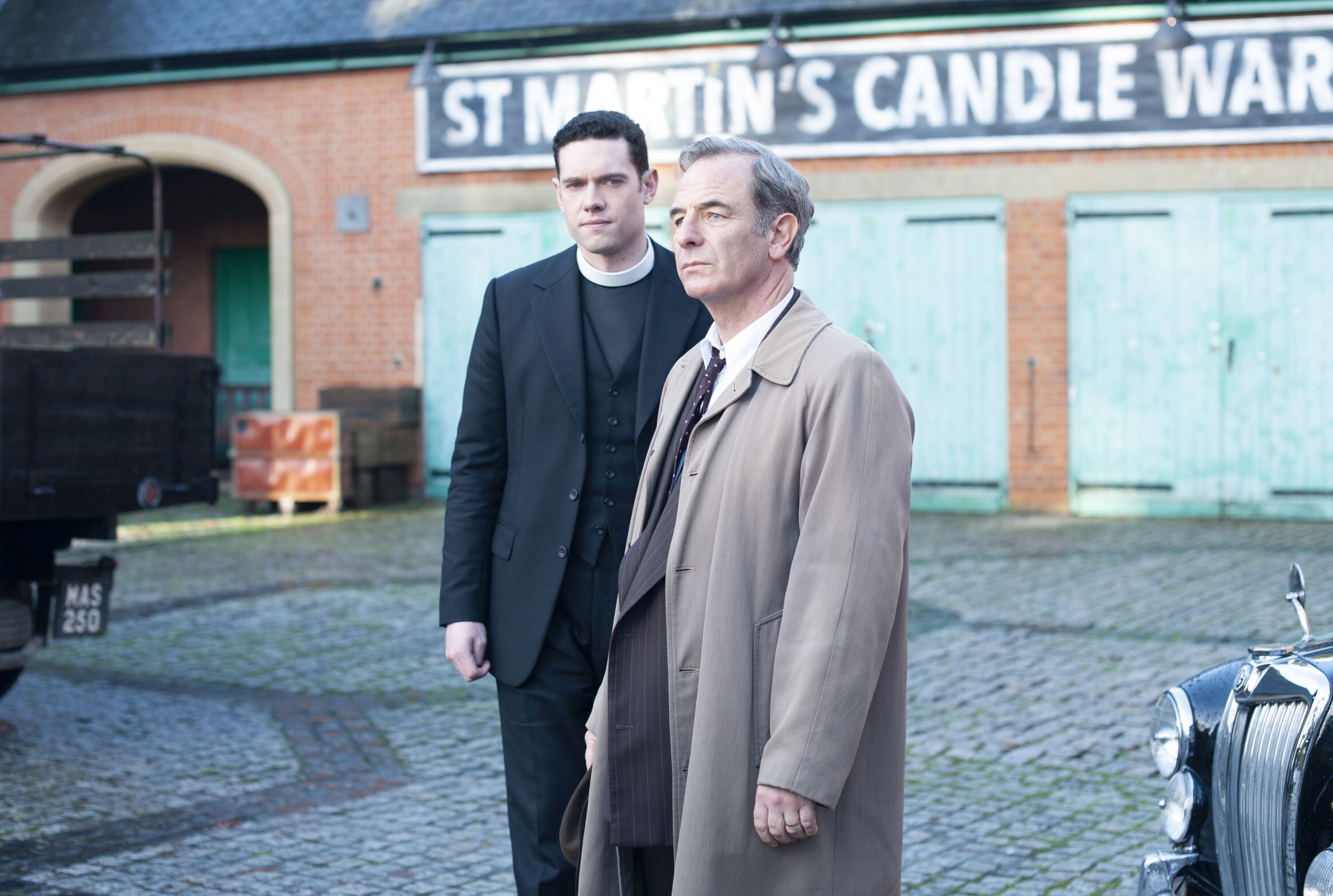 Tom Brittney as Rev. Will Davenport and Robson Green as DI Geordie Keating in Grantchester Season 6