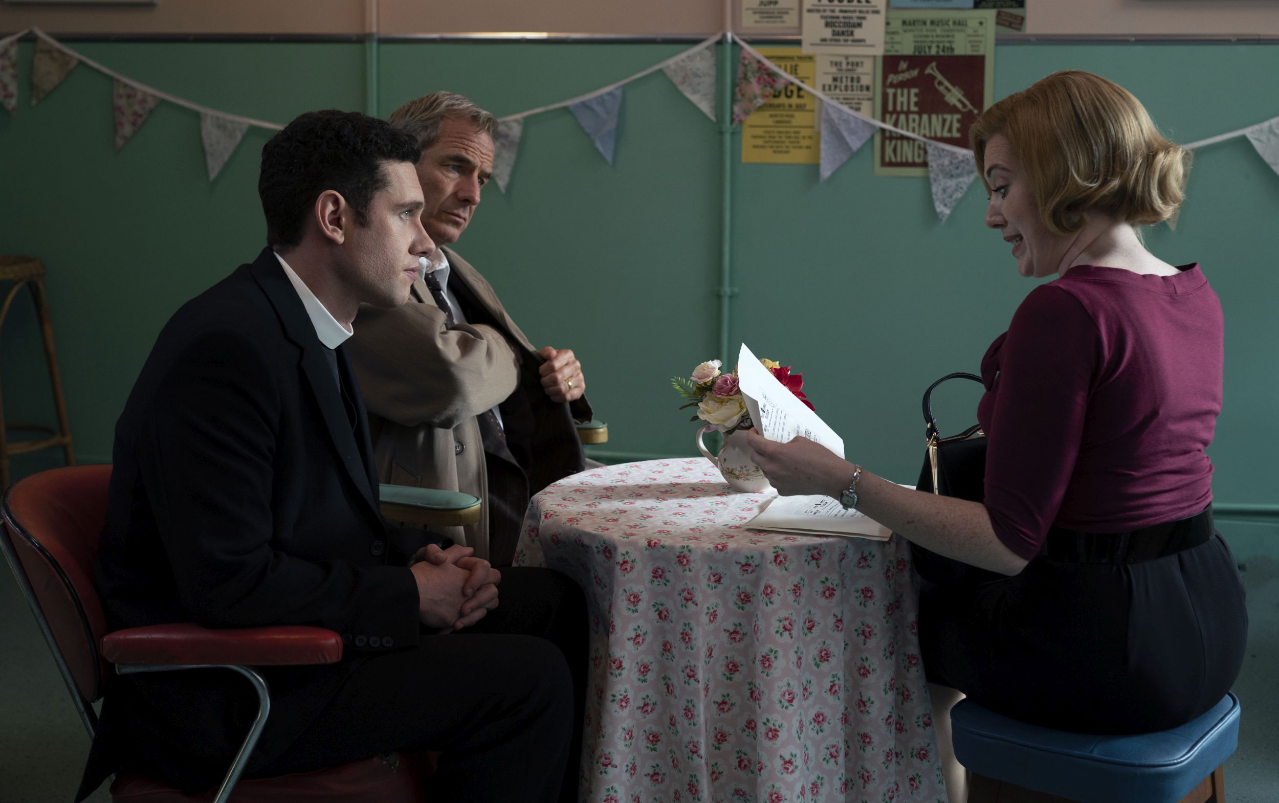 Tom Brittany as Will Davenport, Robson Green as Geordie Keating and Melissa Johns as Miss Scott in 'Grantchester'