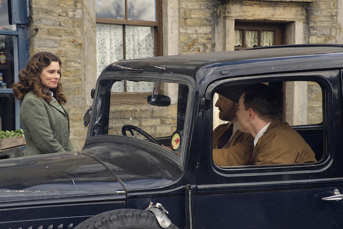 Helen Alderson (Rachel Shenton), Siegfried Farnon (Samuel West), and Tristan Farnon (Callum Woodhouse). Credit: Courtesy of Playground Television (UK) Ltd.