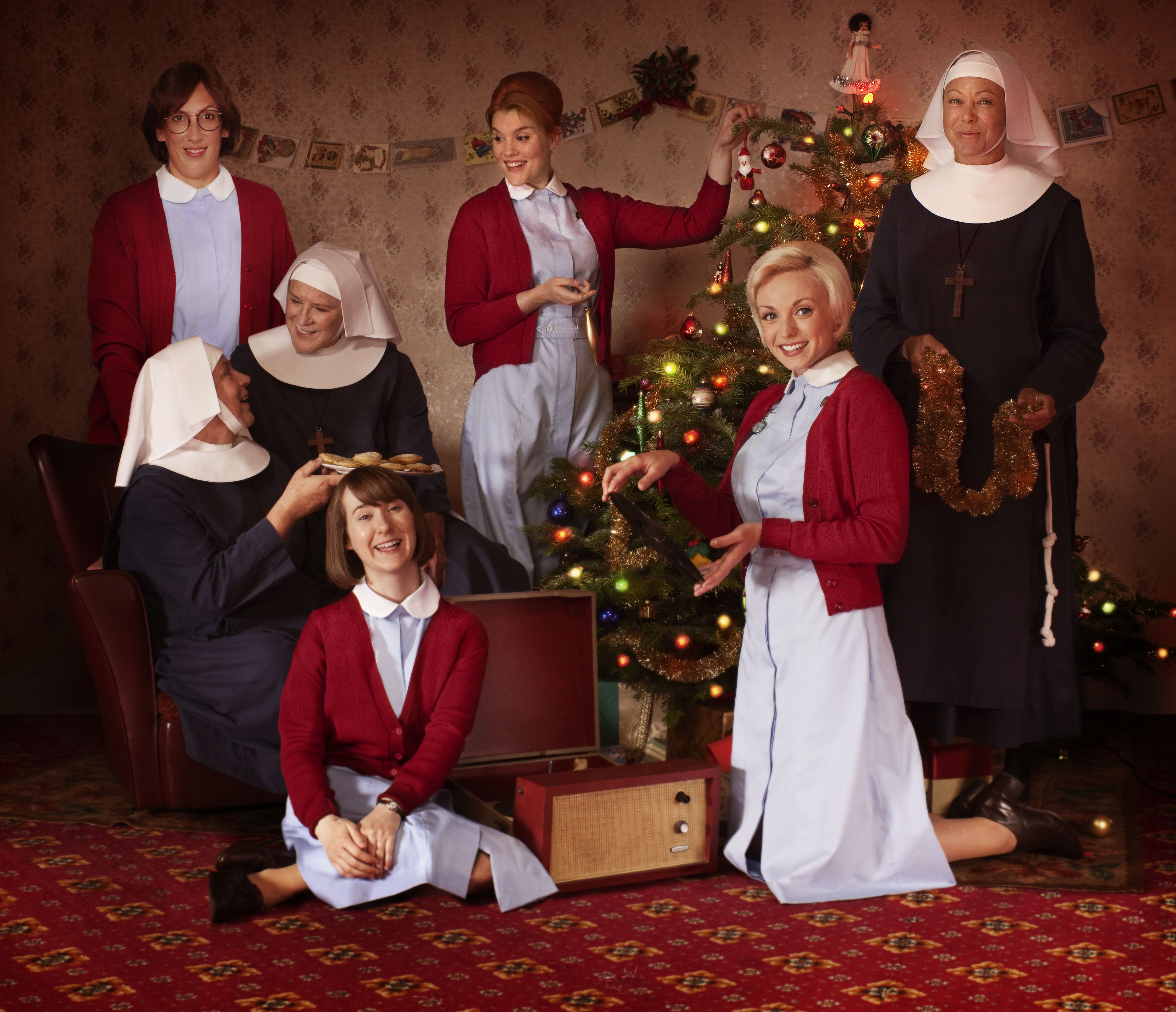 The Nonnatus House ladies are in the holiday spirit. (Photo: Courtesy of Laurence Cendrowicz/© Neal Street Productions)