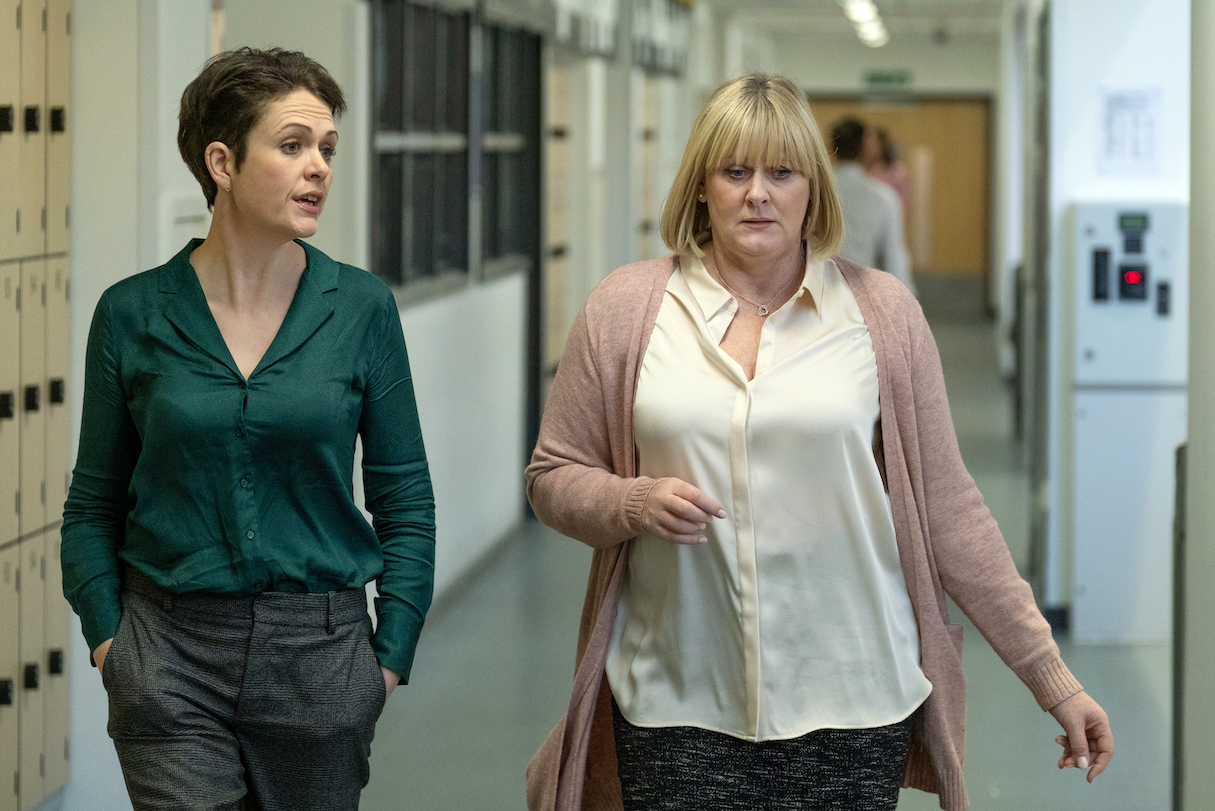 Ruth (Lu Corfield) and Caroline (Sarah Lancashire) discuss the Q&A plans for Judith's interview (Credit: Courtesy of Matt Squire)