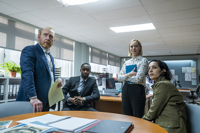 DI Max Arnold (Adrian Scarborough), DC Connor Pollock (Peter Bankolé), DC Jess Lombard (Lucy Phelps), and DS Priya Shamsie (Sonita Henry). © Acorn TV