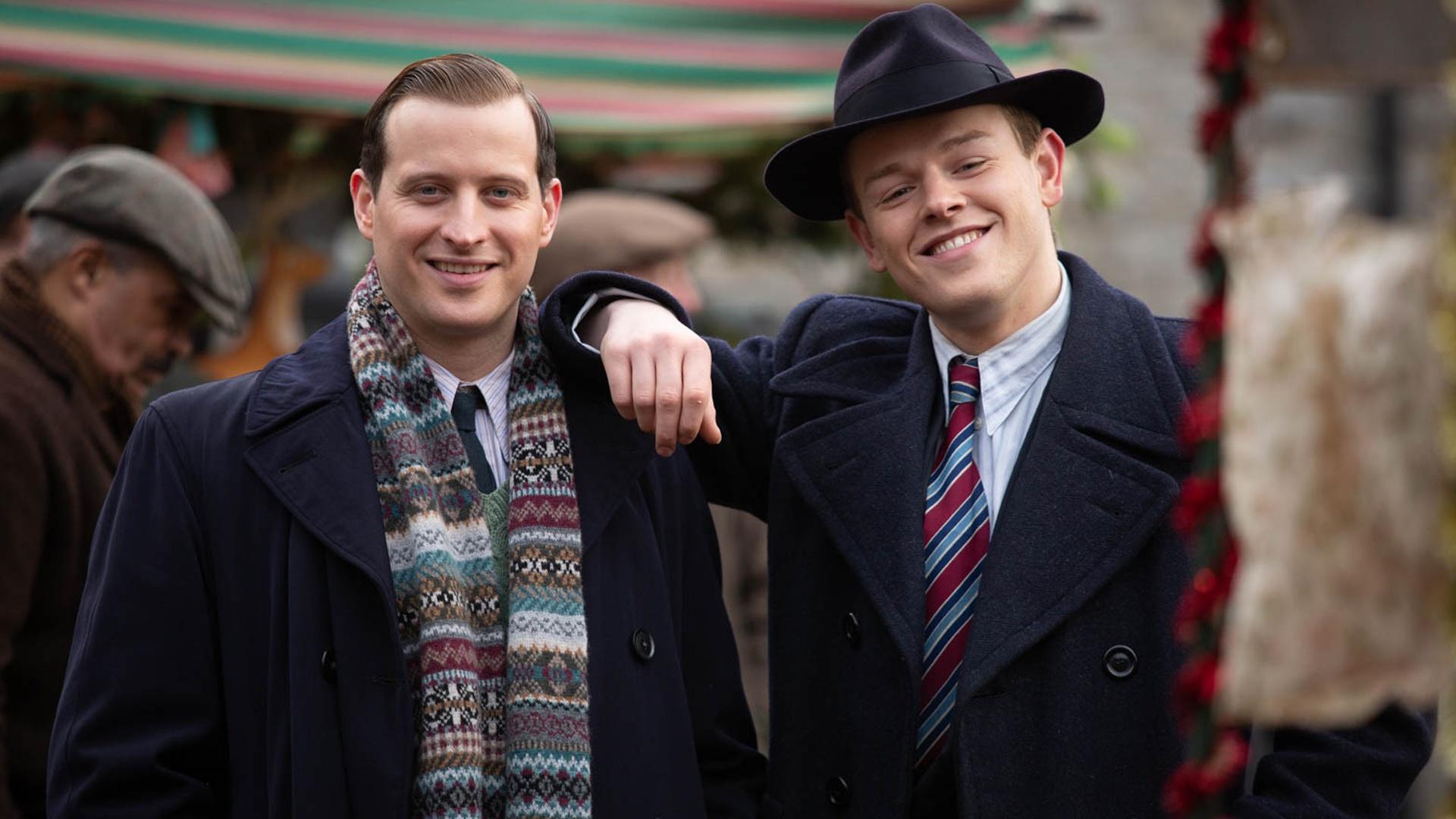 James (Nicholas Ralph) and Tristan (Callum Woodhouse) celebrate at the pub. Credit: Courtesy of © Playground Television UK Ltd & all3media international