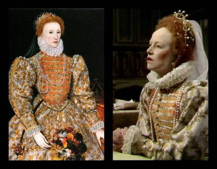 Queen Elizabeth I by unknown continental artist on panel, circa 1575. © National Portrait Gallery UK and Elizabeth (Glenda Jackson) © BBC