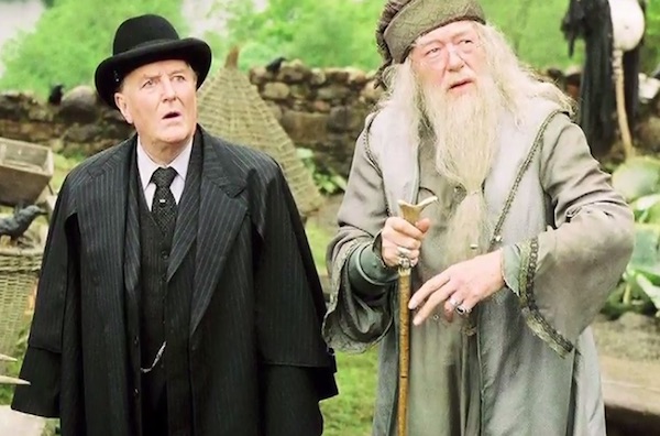Robert Hardy as Minister of Magic Cornelius Fudge and Michael Gambon as Dumbledore: Photo © Warner Bros. Pictures.