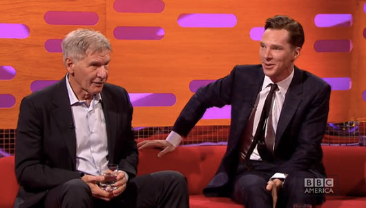 Harrison Ford and Benedict Cumberbatch share a couch. (Photo: BBC America)