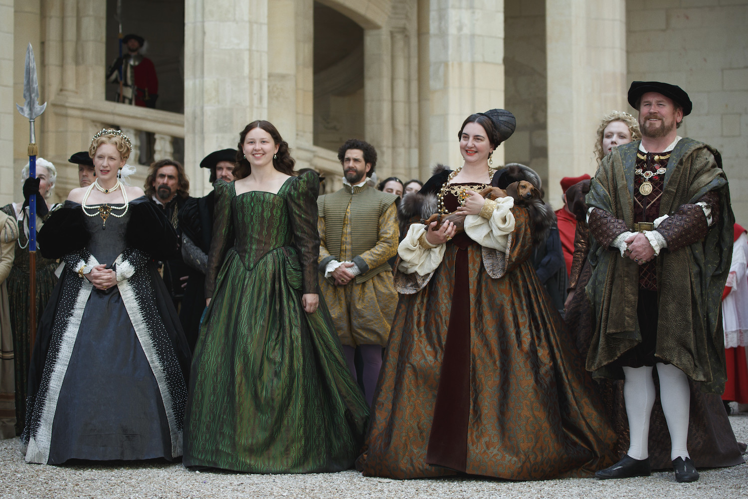 Diane de Poitiers (Ludivine Sagnier), Catherine (Liv Hill), Queen Elinor (Rebecca Gethings), King Francis (Colm Meaney). (Starz)