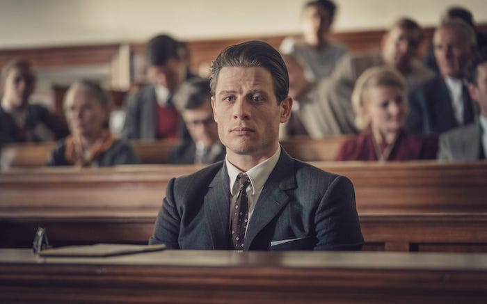 Stephen Ward (James Norton) on trial. © BBC/Ecosse Films.