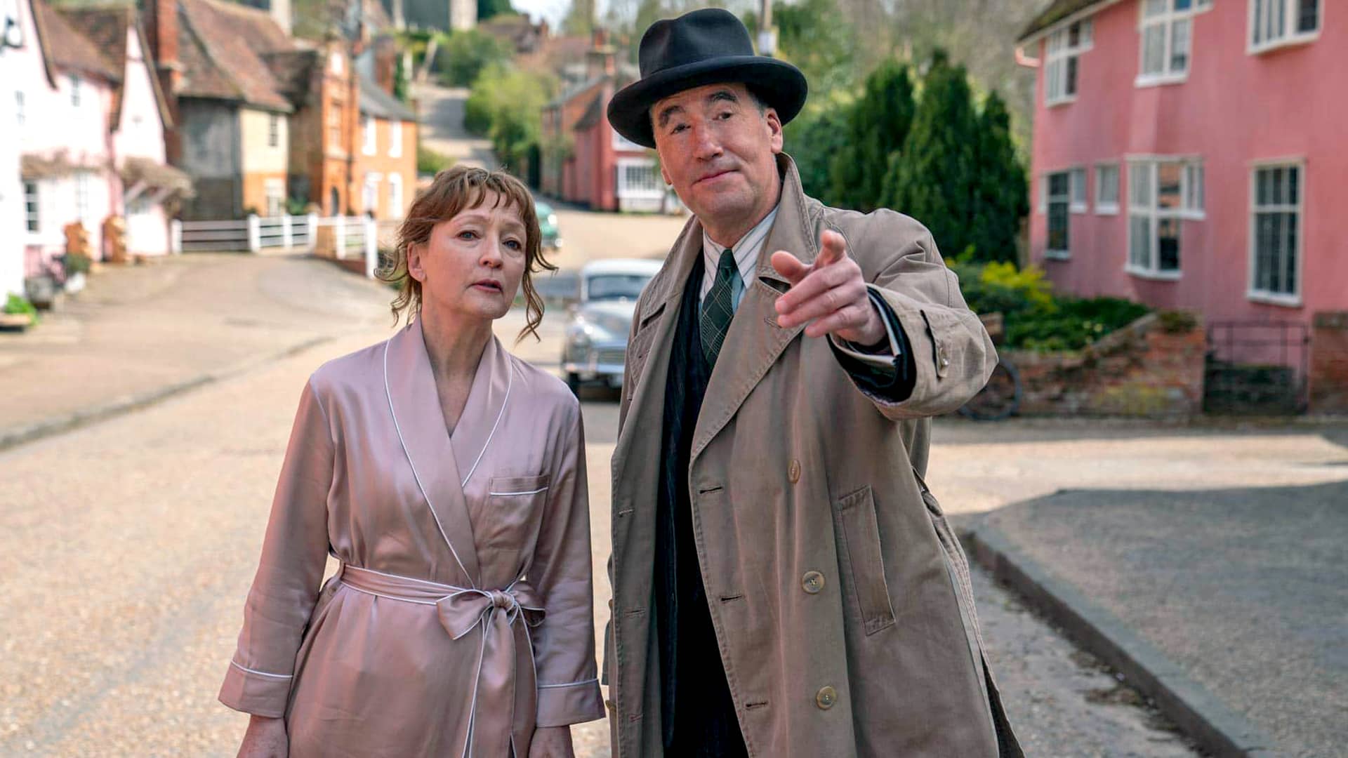 Lesley Manville as Susan Ryeland and Timothy McMullan as Pund in Magpie Murders