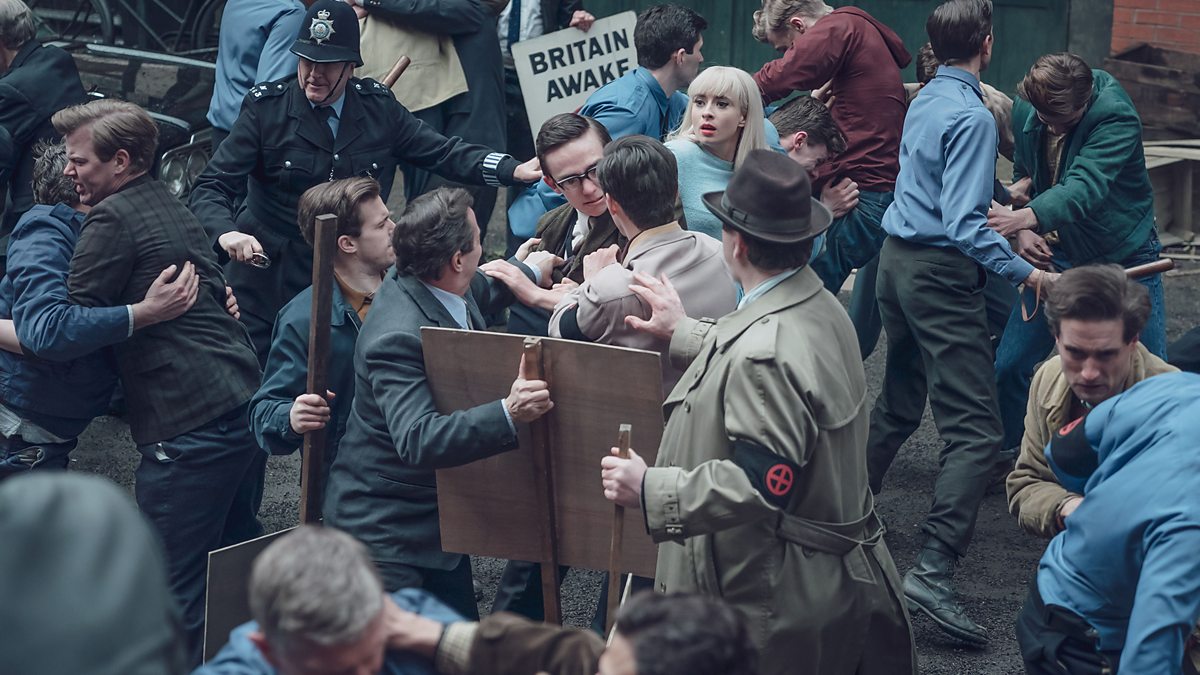 Vivien Epstein (Agnes O’Casey) marches with Colin Jordan (Rory Kinnear) and fascist sympathizers. Credit: Courtesy of RED Production Company and MASTERPIECE
