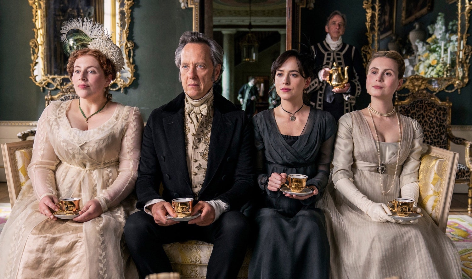 Mrs. Clay (Lydia Rose Bewley). Sir Walter Elliot (Richard E Grant), Anne Elliot (Dakota Johnson), Elizabeth Elliot (Yolanda Kettle) Photo: Nick Wall / Courtesy of Netflix