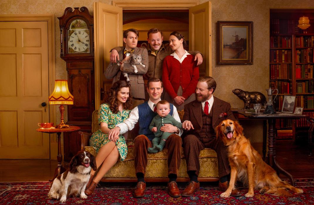 James Anthony-Rose as Richard Carmody, Callum Woodhouse as Tristan Farnon, Anna Madeley as Audrey Hall, Rachel Shenton as Helen Herriot, Nicholas Ralph as James Herriot, and Samuel West as Siegfried Farnon in 'All Creatures Great & Small' Season 5