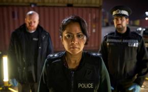 Parminder Nagra as DI Rachita Ray, Maanva Thiara as PS Tony Khatri, and Steve Oram as DS Clive Bottomley in DI Ray Season 1, Episode 1