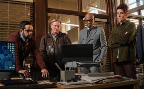 George Bukhari as DC Darren Lakhan, Adrian Dunbar as Ex-DI Alex Ridley, Terence Maynard as DCI Paul Goodwin, and Bronagh Waugh as DI Carol Farman in 'Ridley' Season 2