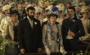 Morgan Spector, Carrie Coon, and Harry Richardson as the Russell Family in 'The Gilded Age' Season 3