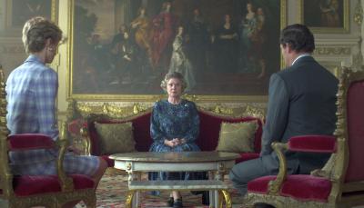 Picture shows: Imelda Staunton as Queen Elizabeth II, Dominic West as Prince Charles and Elizabeth Debicki as Diana in Season 5 of The Crown