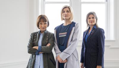 ophie Aldred, Janet Fielding and Jodie Whittaker in "The Power of the Doctor"