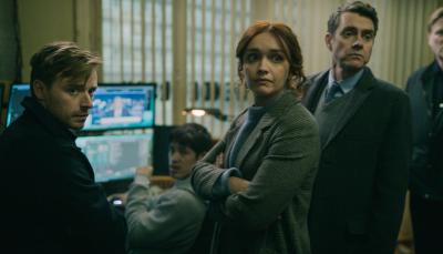 Picture shows: Jack Lowden, Christopher Chung, Olivia Cooke, and Paul Higgins in Slow Horses