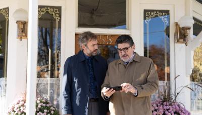 Picture shows: Rossif Sutherland as Jean-Guy Beauvoir and Alfred Molina as Armand Gamache in 'Three Pines'