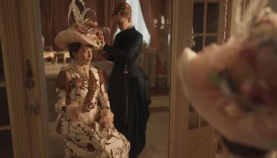 Picture shows: Carrie Coon's hat game remains strong in The Gilded Age Season 2