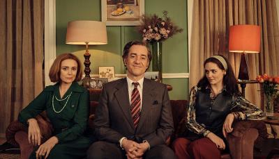 Picture shows: Keeley Hawes as Barbara Stonehouse, Matthew Macfadyen as John Stonehouse, and Emer Heatley as Sheila Buckley in 'Stonehouse'