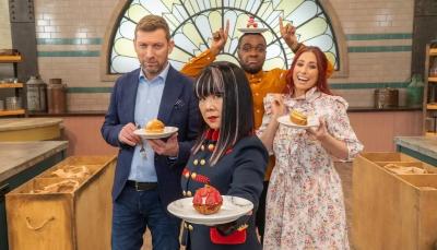 Judges Benoit Blin and Cherish Finden and hosts Stacey Solomon and Liam Charles in The Great British Baking Show: The Professionals Season 6