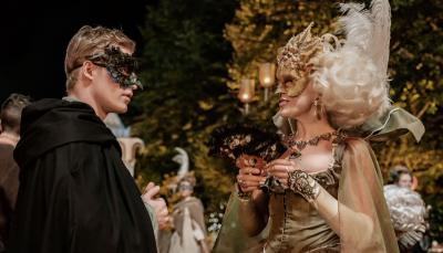 Picture shows: Both masked, Lady Bellaston (Hannah Waddingham) and Tom Jones (Solly McLeod) meet in a dark pleasure garden.