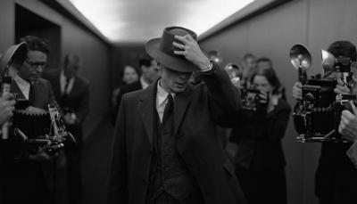 Cillian Murphy as Oppenheimer in a black and white publicity still from the film