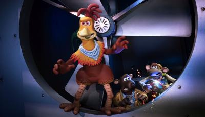 Zachary Levi as Rocky, Romesh Ranganathan as Nick, and Daniel Mays as Fetcher breaking into an air vent in Chicken Run: Dawn of the Nugget