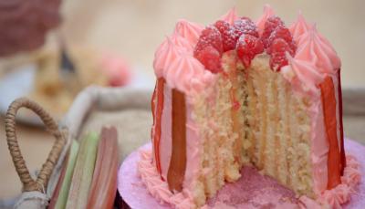  Dan's Rhubarb and Raspberry Vertical Layer Cake from the Cake Week Signature Challenge has perfect lines in 'The Great British Baking Show'