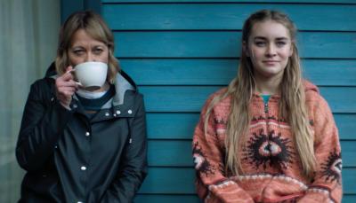 Nicola Walker as DI Annika Strandhed and Silvie Furneaux as Morgan Strandhed drink coffee in 'Annika' Season 2