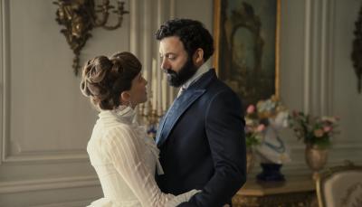 Carrie Coon as Bertha Russell and Morgan Spector as George Russell in The Gilded Age Season 2