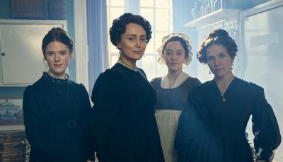Rose Leslie as Isabella, Keeley Hawes as Cassandra Austen, Mirren Mack as Dinah, and Jessica Hynes as Mary Austen standing in the kitchen in 'Miss Austen'
