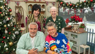 Paul Hollywood, Prue Leith, Matt Lucas, and Noel Fielding in the tent for The Great British Baking Show Christmas Special 2022