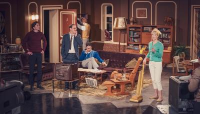 Gemma Arterton, Tom Bateman, Matthew Beard, Leo Bill as the cast of The Jim & Barbara Show in 'Funny Woman' Season 1