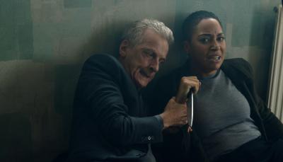 Peter Capaldi as DCI Daniel Hegarty prevents Cush Jumbo as DS June Lenker from stabbing someone in Criminal Record