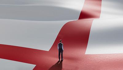 The key art of the English flag from the National Theater Live streaming of 'Dear England'