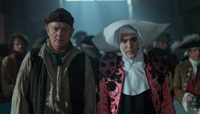 Hugh Bonneville and Noel Fielding as Jonathan Wilde and Dick Turpin. Turpin is wearing a nun's uniform