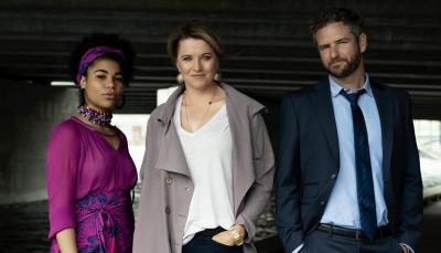Ebony Vagulans as Madison Feliciano, Lucy Lawless as PI Alexa Crowe and Bernard Curry as DI Kieran Hussey in 'My Life is Murder' Season 1
