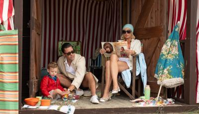 Olly Rix and Helen George as Matthew and Trixie Aylward taking Archie Callaghan as Jonty to the beach in 'Call the Midwife' Season 13