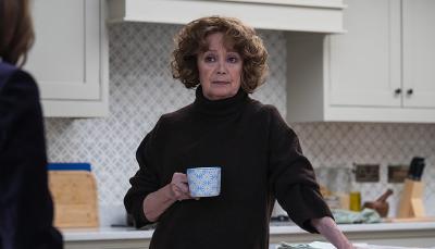 Francesca Annis as Dame Harriet Kenny having a cuppa in 'Showtrial' Season 2