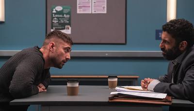 Michael Socha as defendant Justin Mitchell and Adeel Akhtar as his defence solicitor Sam Malik meeting in 'Showtrial' Season 2