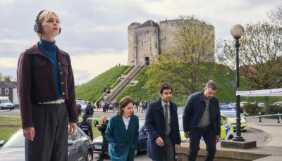 Ella Maisy Purvis as Patience Evans, with Laura Fraser as Bea Metcalf, Ali Ariaie as Will Akbari, and Nathan Welsh as Jake in York in 'Patience' Season 1