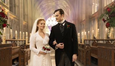 Millie Gibson as Irene and Joshua Orpin as Soames on their wedding day in 'The Forsyte Saga' Season 1