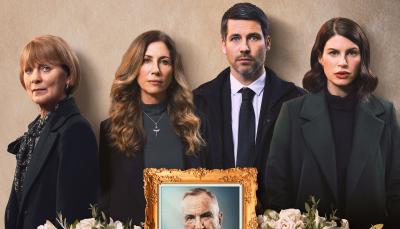 Samantha Bond as Susan, with Gaynor Faye, Robert James-Collier, and Jemima Rooper as her children Sian, Daniel, and Chloe, at their father's funeral.