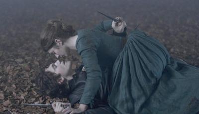 Picture shows: Obligatory sexy knife fight. Jane Grey (Emilly Bader) has Guildford Dudley (Edward Bluemel) pinned to the ground.