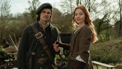 Harriet Slater and Jamie Roy as Ellen MacKenzie and Brian Fraser in "Outlander: Blood of My Blood"
