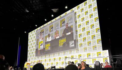 Russell T Davies, Millie Gibson, Ncuti Gatwa,  in Hall H for the 'Doctor Who' panel at San Diego Comic-Con 2024